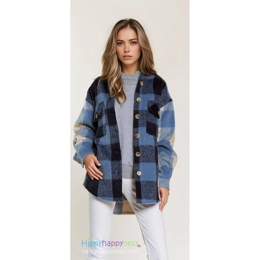 Winter Fall Davi & Dani Faux Wooly Fuzzy Multi-Colored Blue and Cream Plaid Oversized Jacket Shacket (Plus 1X, 2X, 3X)