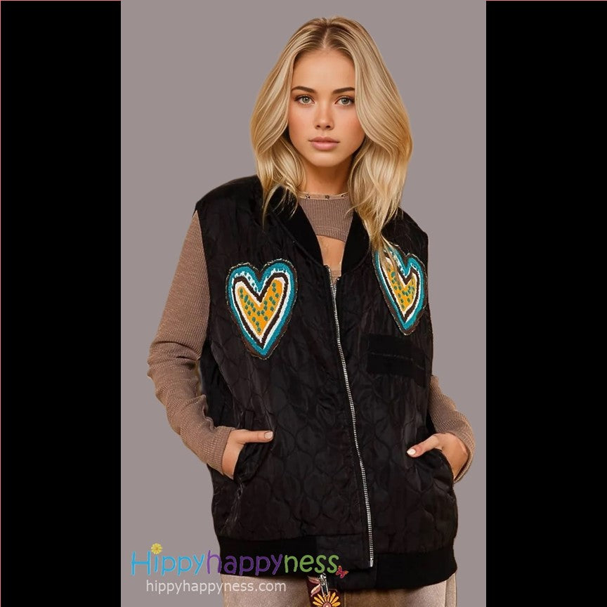 POL Clothing Whimsical Light Quilted Vest in Black with Yellow, Blue, & White Heart Patches
